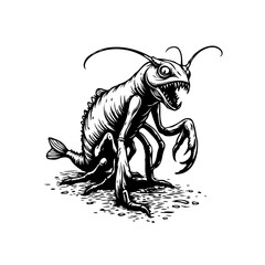 Intriguing ink drawing depicts a fearsome creature from folklore or imagination with striking detail