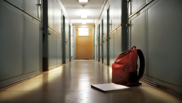 Bildung am Rand: Innenaufnahme eines leeren Schulflurs mit abgenutztem Linoleumboden, verblichenen Klassenraumpl&auml;nen