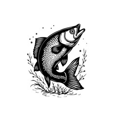 Monochrome illustration of a jumping fish with detailed scales perfect for fishing enthusiasts and anglers