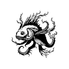 Mystical sea creature: a black and white drawing of a fantastical fish with unusual features