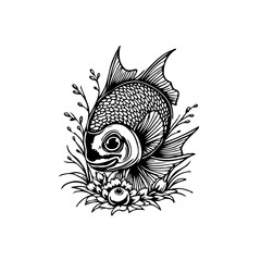 Detailed black and white fish illustration surrounded by floral elements creating an artistic composition with nature