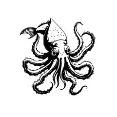 Black and white octopus illustration, depicting marine life, a vintage creature on a white background artwork