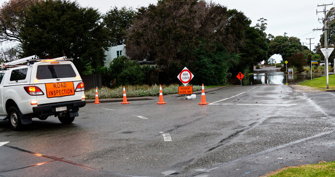 A road inspection vehicle is checking roads after flooding