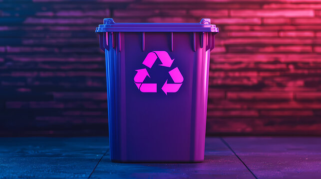 A purple recycling bin with a glowing recycle symbol is set against a textured red and blue background, highlighting eco-friendly waste management.