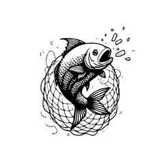 Black and white illustration of a jumping fish caught in a fishing net drawing cartoon