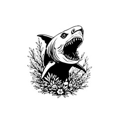 Illustrative aquatic artwork showcasing a shark head emerging amidst flora creating a captivating monochromatic design