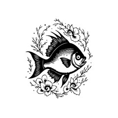 Enigmatic monochrome fish illustration surrounded by blooming flowers and delicate leaves offering artistic expression and nature's integration