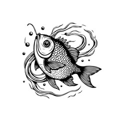 Detailed monochrome drawing showcasing an aquatic animal with intricate scales surrounded by stylized water swirls and bubbles