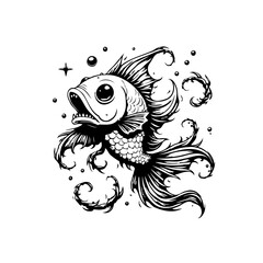Whimsical black and white illustration of a stylized fish with ornate fins and bubbles creates charming aquatic artwork