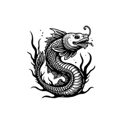 Monochrome mythical sea serpent illustration with intricate scales and flowing seaweed depiction a vintage creature