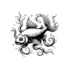 Elegant fish illustration with flowing seaweed in black and white creating artistic aquatic view
