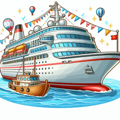Cartoon illustration of a large cruise ship with festive decorations and a smaller boat, set against a backdrop of water.