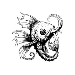 Elegant monochromatic illustration showcasing the graceful form of a stylized ornamental fish isolated on white backdrop