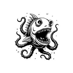 The enchanting illustration of a whimsical fish octopus hybrid with bold lines in a mesmerizing visual