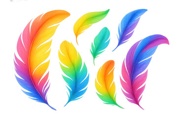 Fototapeta premium Multicolored feathers drifting across transparent surface, forming dynamic rainbow-hued visual arrangement