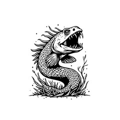 Black and white aggressive fish illustration with sharp teeth predatory creature underwater life showing nature