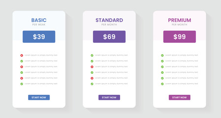 Pricing plans table, pricing chart, price list for web or app. Ui UX pricing design tables with tariffs. Product comparison business web plans. Subscription features checklist and business plans.