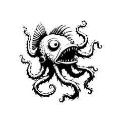 Whimsical aquatic creature with fish head and octopus tentacles creating an imaginative underwater scene that evokes wonder