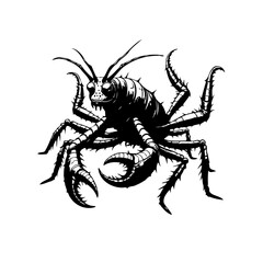 A striking monochrome illustration of a fantastical insect creature with spikes and menacing claws design