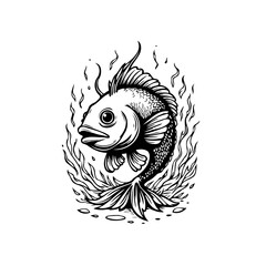 Fish illustration with flame design showcasing intricate details in black and white style drawing