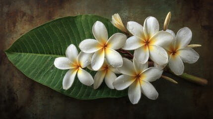 Fototapeta premium White Plumeria Flowers with Dew Drops on Green Leaf