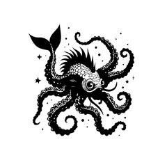 A unique artistic interpretation: Black and white illustration features a captivating creature, seamlessly blending octopus and fish elements