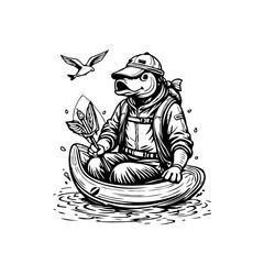 Whimsical Fisherman Fish Cartoon Illustration in Boat with Bird Flying in Black and White Style