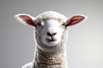 White fluffy sheep farm portrait looking at camera isolated on clear png background, funny moment, Farmland animals concept, with Generative Ai