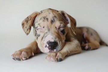 The studio portrait of the puppy dog Australian Shepherd lying and sleeping on the white background,  , isolated on white background,  , copy space, copy space for text,
