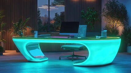 Modern Minimalist Interior Design with Illuminated Desk and Computer Setup