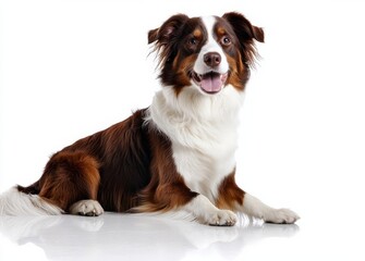 Portrait of cute young Australian Shepherd dog sitting on floor, isolated on white background