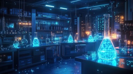 Futuristic Glowing Neon Lit Science Chemistry Lab Beakers Equipment Concept
