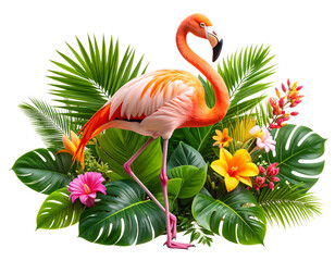 Elegant Flamingo Surrounded by Tropical Leaves and Flowers, exotic summer style, isolated on transparent background.