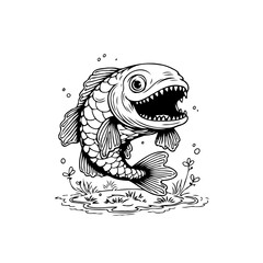 Cartoon style drawing of a fish monster with sharp teeth in the water monster drawing