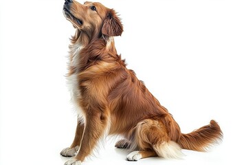 Studio shot of an adorable Golden retriever sitting and looking up curiously , isolated on white background,  , copy space, copy space for text,