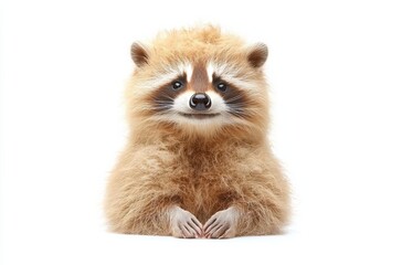 Portrait of a funny raccoon sitting with paws raised, isolated on white background , isolated on white background,  , copy space, copy space for text,