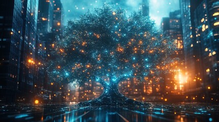Surreal Glowing Tree in Urban Cityscape with Futuristic Light Effect
