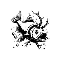 Abstract horned fish monster illustration in black and white with unique features design character