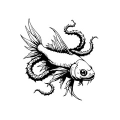 Intricate line art depicting a stylized fish with flowing fins surrounded by thorny tentacles a mystical sea creature