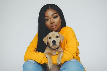 Young Beautiful Afro Woman Posing With Ger Cute Dog In Studio , isolated on white background,  , copy space, copy space for text,
