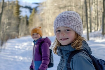 Fototapeta premium Caucasian family enjoying a snowy outdoor adventure in Aspe with children smiling in winter attire, boy girl Caucasian family parents outdoor snow Aspen ski resort sport travel