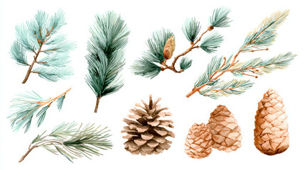 Watercolor-style collection of pine branches and cones, isolated on white, in a vector illustration format
