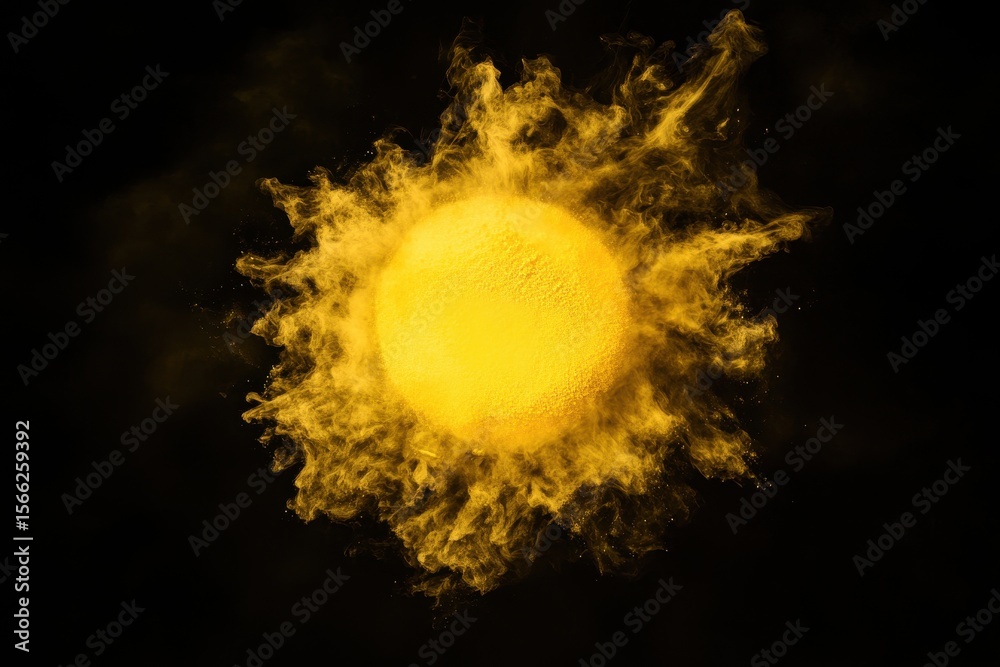 Poster yellow particle circle illuminates the dark background creating a striking visual effect, yellow par