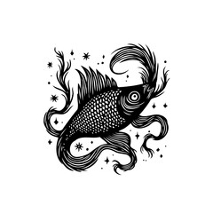 Enigmatic aquatic illustration of a betta fish with intricate scales surrounded by celestial elements