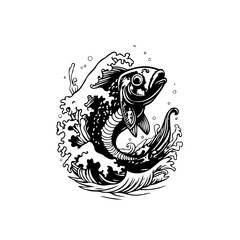 Monochrome illustration of a fish in water with waves capturing aquatic wildlife beauty and elegance