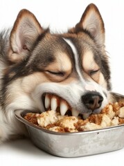 dog holds a bowl for food in his teeth. healthy food for pets. B , isolated on white background,  , copy space, copy space for text,