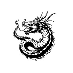 Mystical asian dragon black and white drawing showcasing powerful intricate design, symbolism representing strength and good luck with scales