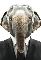 Elephant in a suit. Man with the head of an elephant. Concept graphic in vintage style. , isolated on white background,  , copy space, copy space for text,