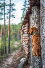 vizla boy posing outside. Vizla dog portrait in green background. Forest around. , isolated on white background,  , copy space, copy space for text,
