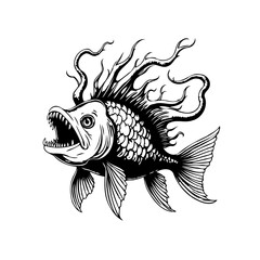 Detailed black and white drawing of a ferocious fish with scales and sharp teeth showcases illustration